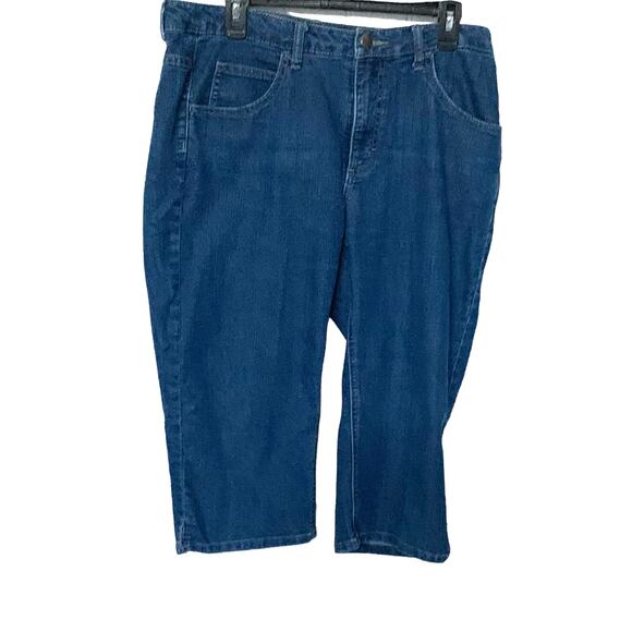RIDERS BY LEE HIGH RISE CAPRI BLUE JEANS, WOMENS, M, DENIM BLUE BUTTON/ZIP CLOSE - Picture 1 of 11